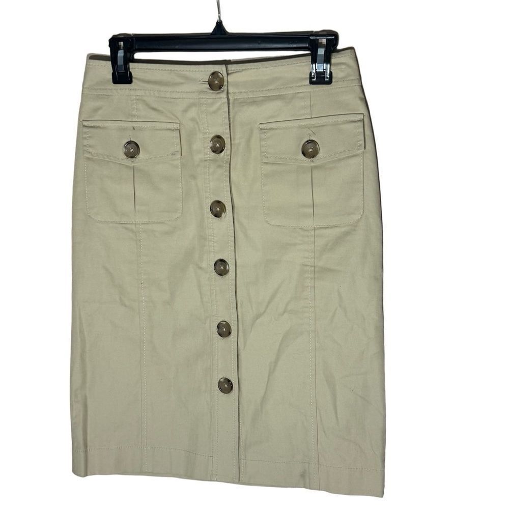 Banana Republic Khaki Chino Pencil Stretch Knee Length Skirt Sz 0 Style# 361798
